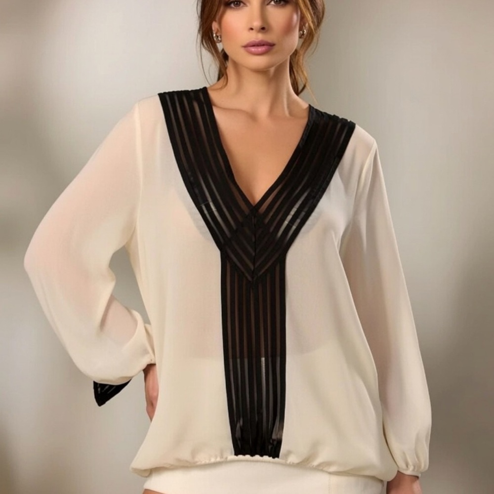 Bebe Sheer White Black Stripe Trim V Neck Top Small $89
